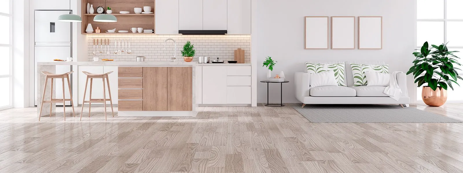 Salón luminoso con suelo de madera